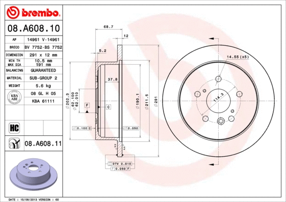 08.A608.10 BREMBO Тормозной диск (фото 1)