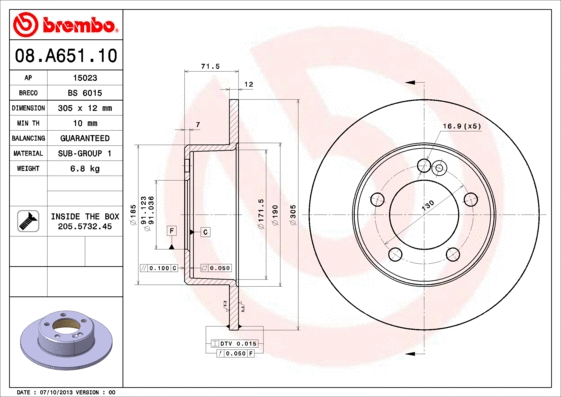 08.A651.10 BREMBO Тормозной диск (фото 1)