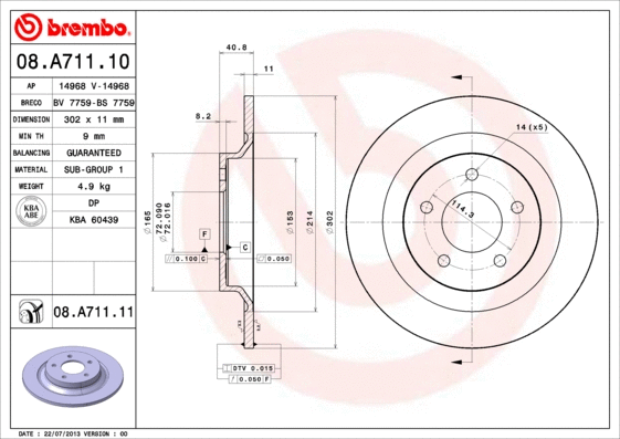 08.A711.11 BREMBO Тормозной диск (фото 1)