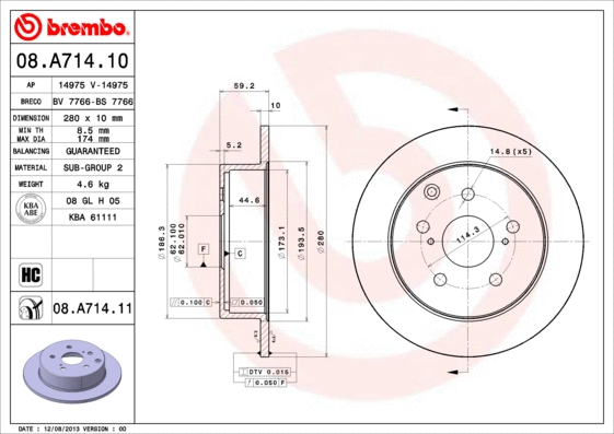 08.A714.10 BREMBO Тормозной диск (фото 1)