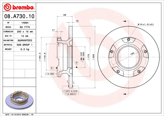 08.A730.10 BREMBO Тормозной диск (фото 1)