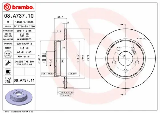 08.A737.10 BREMBO Тормозной диск (фото 1)