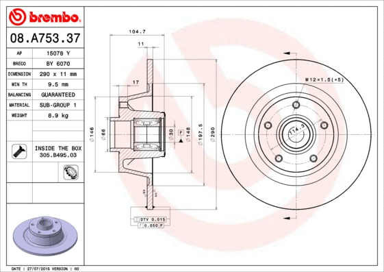 08.A753.37 BREMBO Тормозной диск (фото 1)