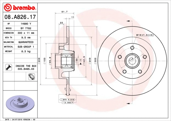 08.A826.17 BREMBO Тормозной диск (фото 1)