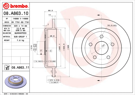 08.A863.10 BREMBO Тормозной диск (фото 1)