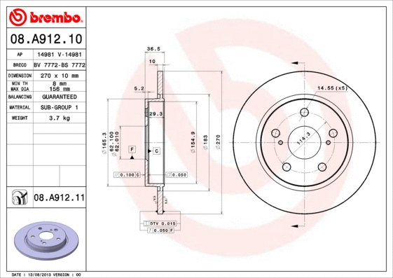 08.A912.11 BREMBO Тормозной диск (фото 1)