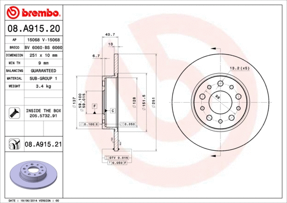 08.A915.20 BREMBO Тормозной диск (фото 1)