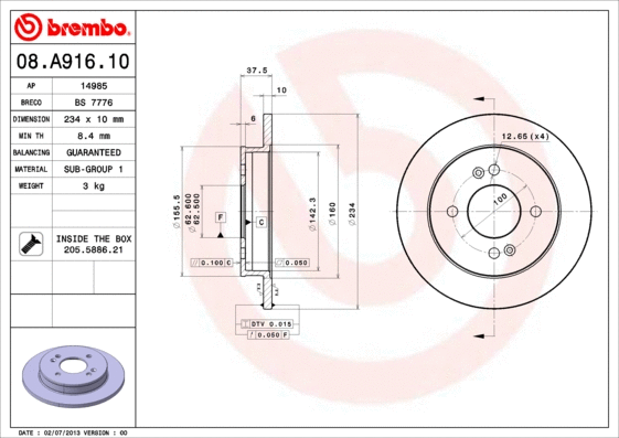 08.A916.10 BREMBO Тормозной диск (фото 1)