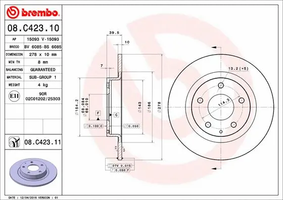 08.C423.11 BREMBO Тормозной диск (фото 1)