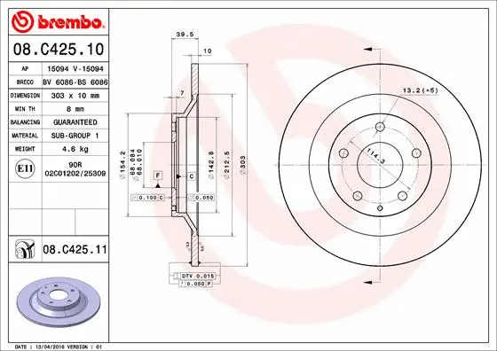 08.C425.11 BREMBO Тормозной диск (фото 1)