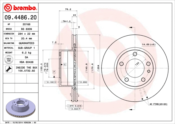 09.4486.20 BREMBO Тормозной диск (фото 1)