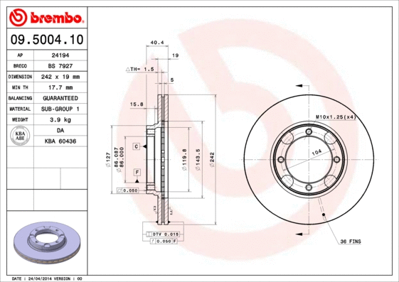 09.5004.10 BREMBO Тормозной диск (фото 1)