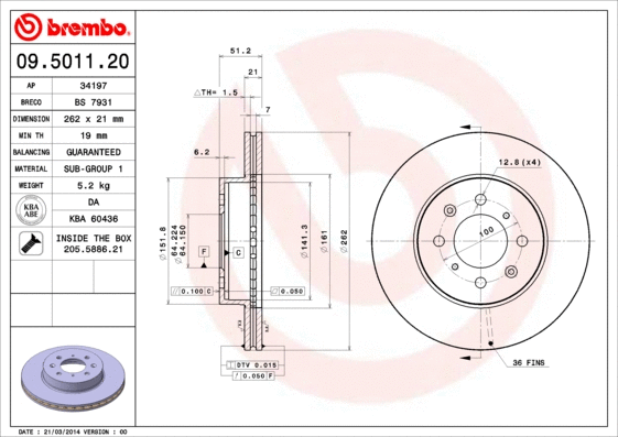 09.5011.20 BREMBO Тормозной диск (фото 1)