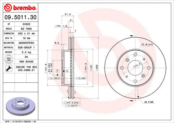 09.5011.30 BREMBO Тормозной диск (фото 1)