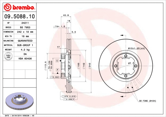 09.5088.10 BREMBO Тормозной диск (фото 1)