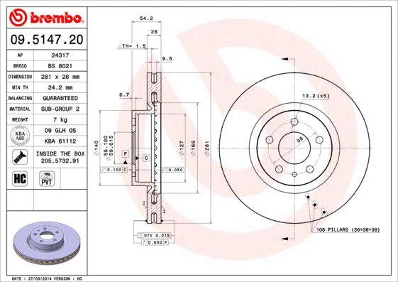 09.5147.20 BREMBO Тормозной диск (фото 1)