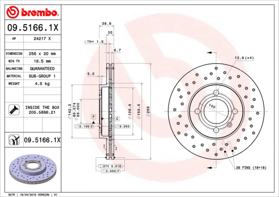 09.5166.1X BREMBO Тормозной диск (фото 1)