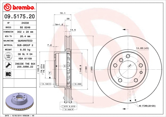 09.5175.20 BREMBO Тормозной диск (фото 1)