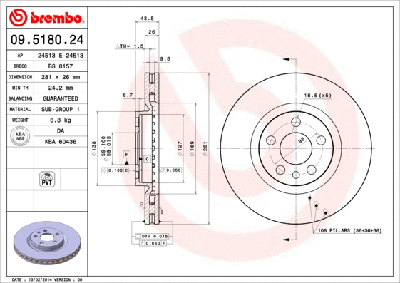 09.5180.24 BREMBO Тормозной диск (фото 1)