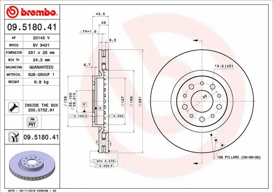 09.5180.41 BREMBO Тормозной диск (фото 1)