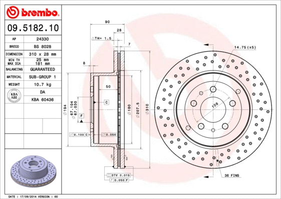 09.5182.10 BREMBO Тормозной диск (фото 1)