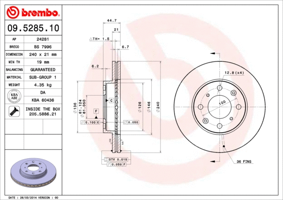 09.5285.10 BREMBO Тормозной диск (фото 1)