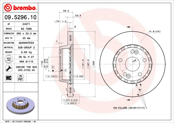 09.5296.10 BREMBO Тормозной диск (фото 1)