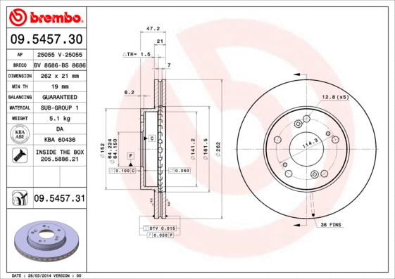 09.5457.30 BREMBO Тормозной диск (фото 1)