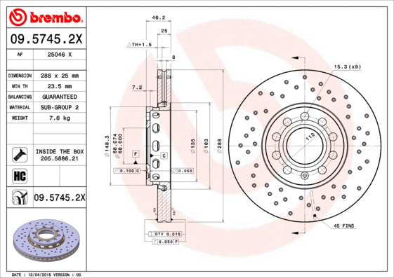 09.5745.2X BREMBO Тормозной диск (фото 1)