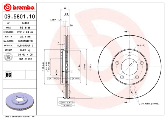 09.5801.10 BREMBO Тормозной диск (фото 1)