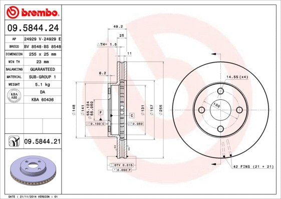 09.5844.21 BREMBO Тормозной диск (фото 1)