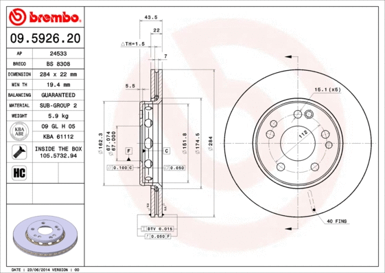 09.5926.20 BREMBO Тормозной диск (фото 1)