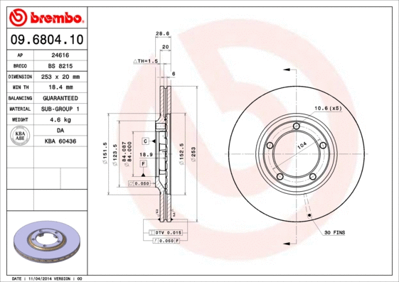 09.6804.10 BREMBO Тормозной диск (фото 1)