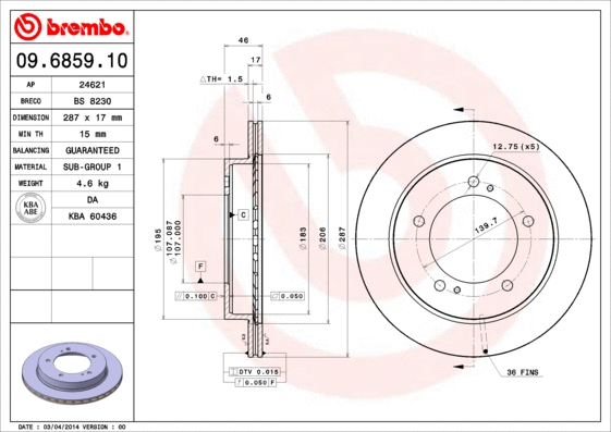 09.6859.10 BREMBO Тормозной диск (фото 1)