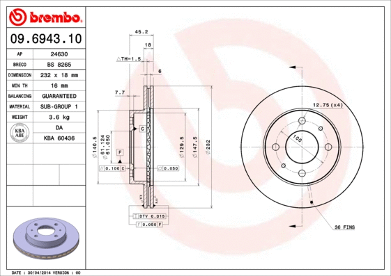 09.6943.10 BREMBO Тормозной диск (фото 1)