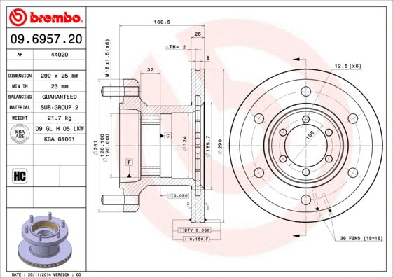 09.6957.20 BREMBO Тормозной диск (фото 1)