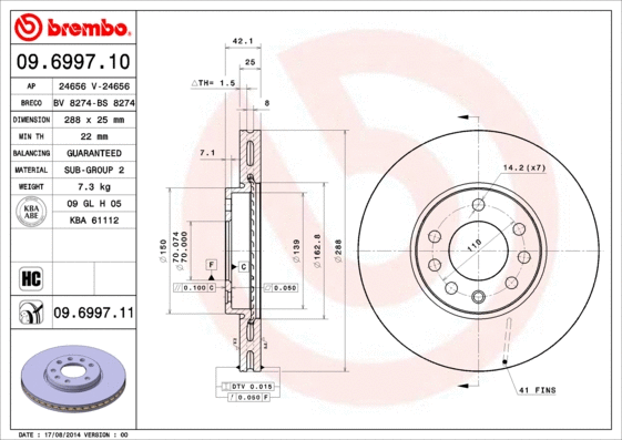 09.6997.10 BREMBO Тормозной диск (фото 1)