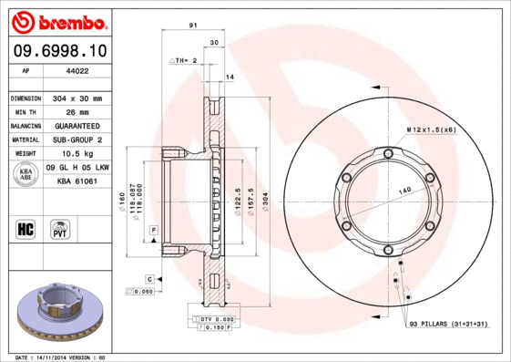 09.6998.10 BREMBO Тормозной диск (фото 1)