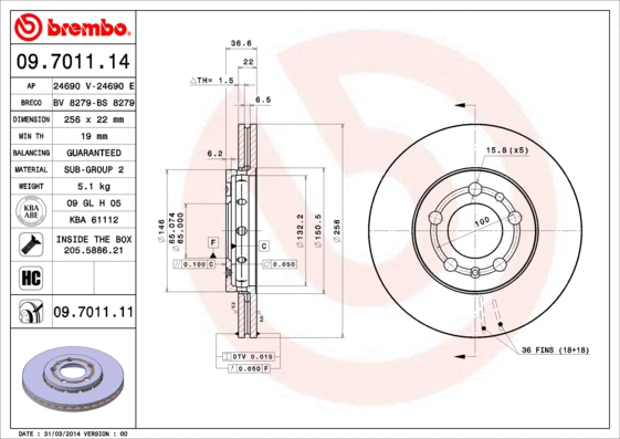 09.7011.14 BREMBO Тормозной диск (фото 1)