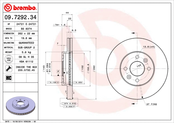 09.7292.34 BREMBO Тормозной диск (фото 1)