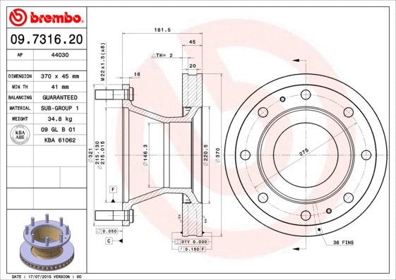 09.7316.20 BREMBO Тормозной диск (фото 1)