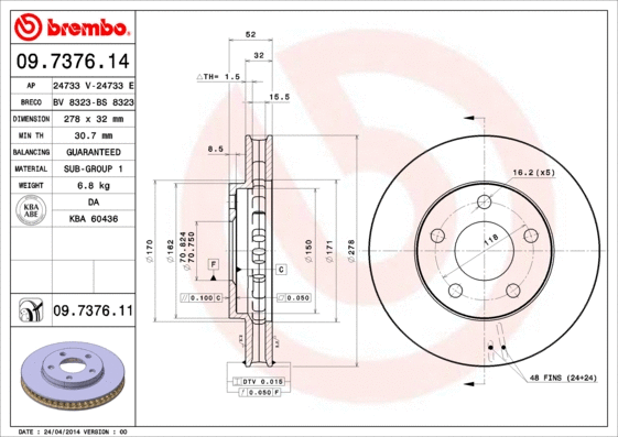 09.7376.11 BREMBO Тормозной диск (фото 1)