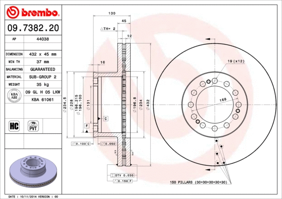 09.7382.20 BREMBO Тормозной диск (фото 1)