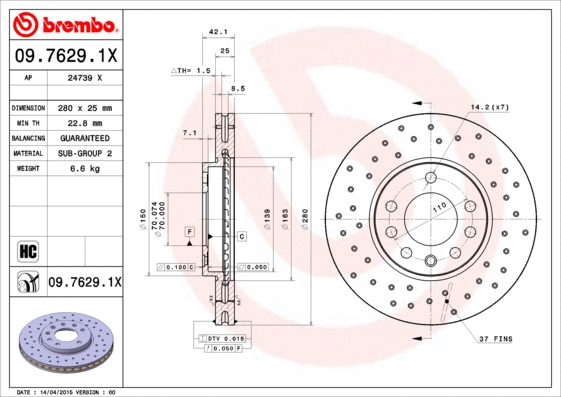 09.7629.1X BREMBO Тормозной диск (фото 1)