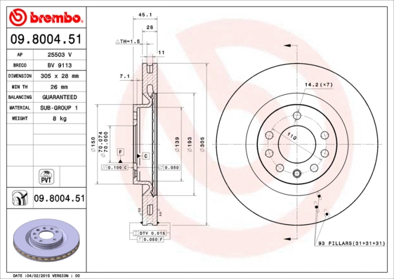 09.8004.51 BREMBO Тормозной диск (фото 1)