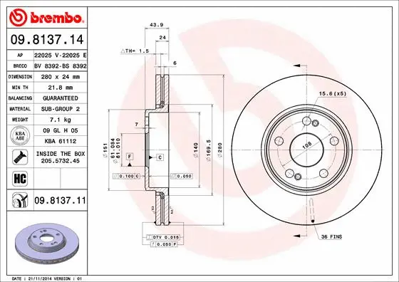 09.8137.14 BREMBO Тормозной диск (фото 1)