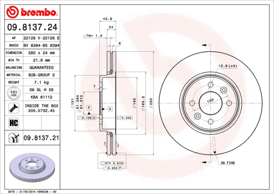 09.8137.21 BREMBO Тормозной диск (фото 1)