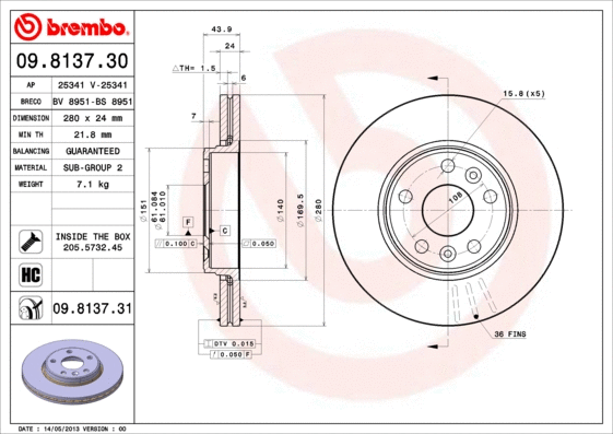 09.8137.31 BREMBO Тормозной диск (фото 1)