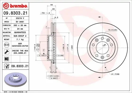 09.8303.21 BREMBO Тормозной диск (фото 1)