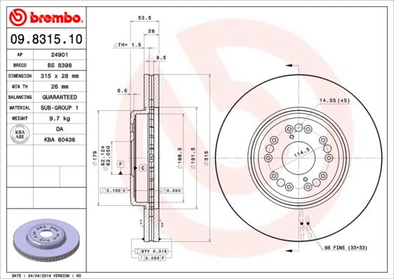 09.8315.10 BREMBO Тормозной диск (фото 1)